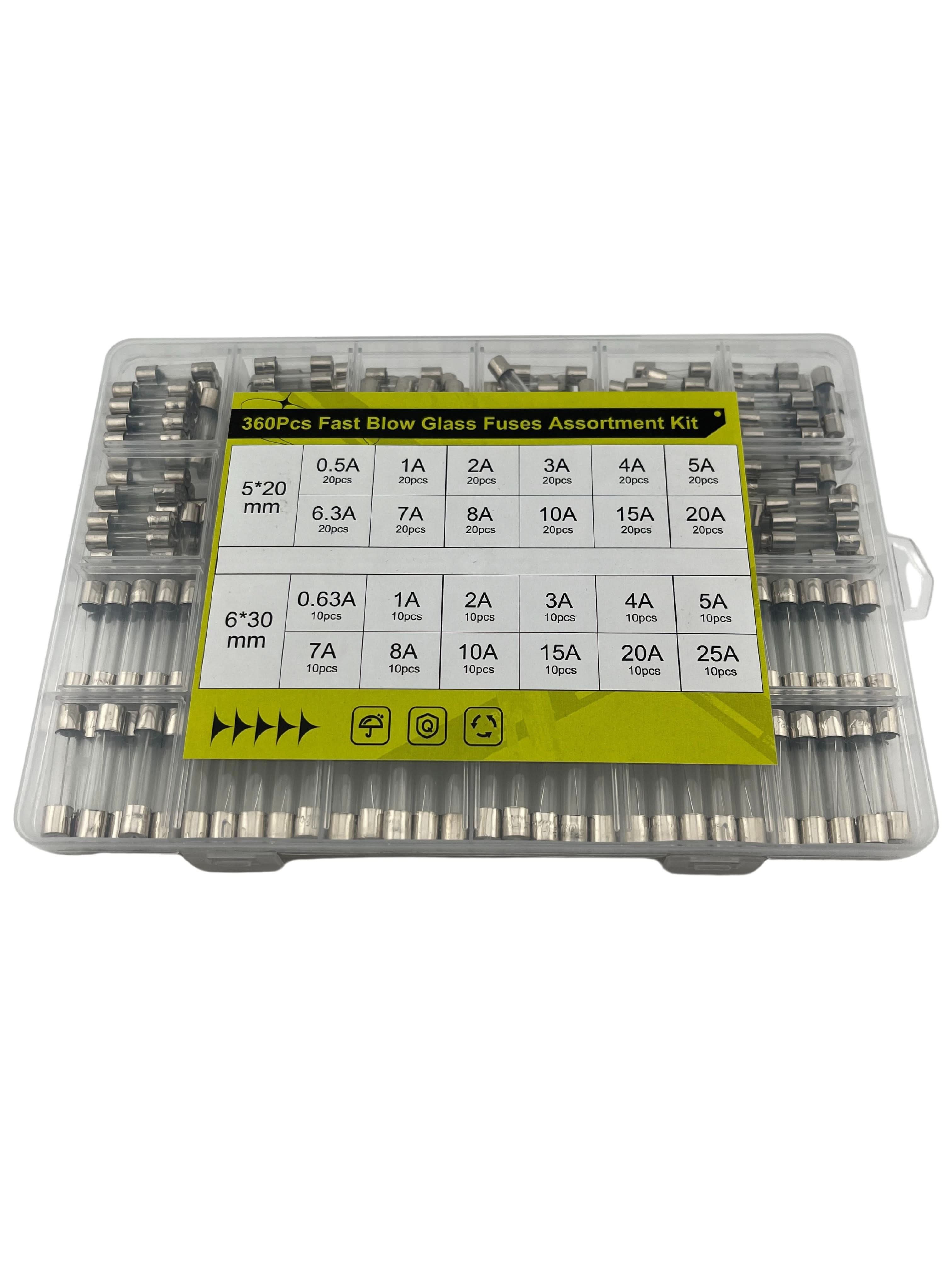 360 Piece AGC & GMA Glass Fuse Assortment Kit with 0.5A, 0.63A, 1A, 2A, 3A, 4A, 5A, 6.3A, 7A, 8A, 10A, 15A, 20A, and 25A breaking capacities