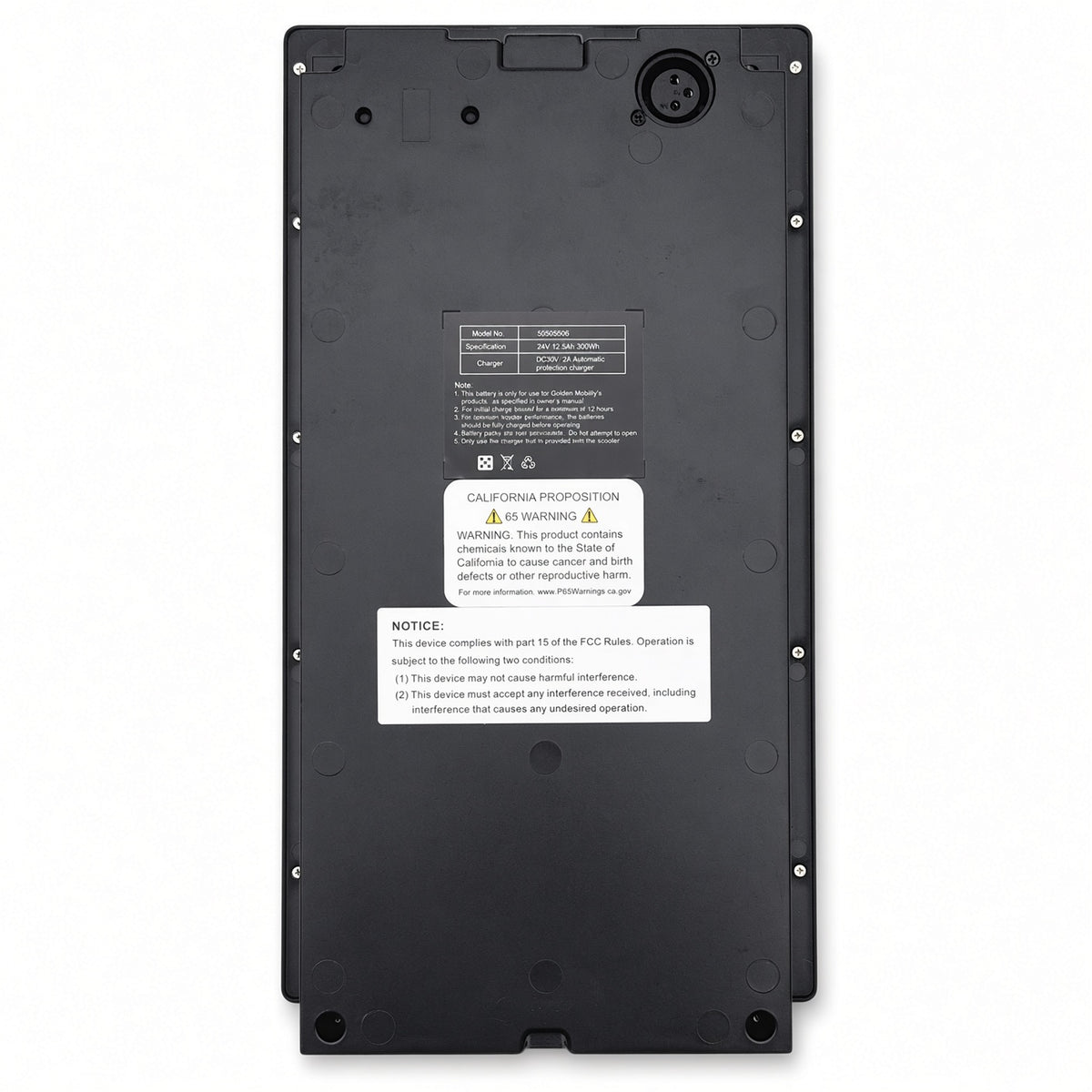 MBE-0064 The back of a black battery lithium pack for the Golden Buzzaround CarryOn