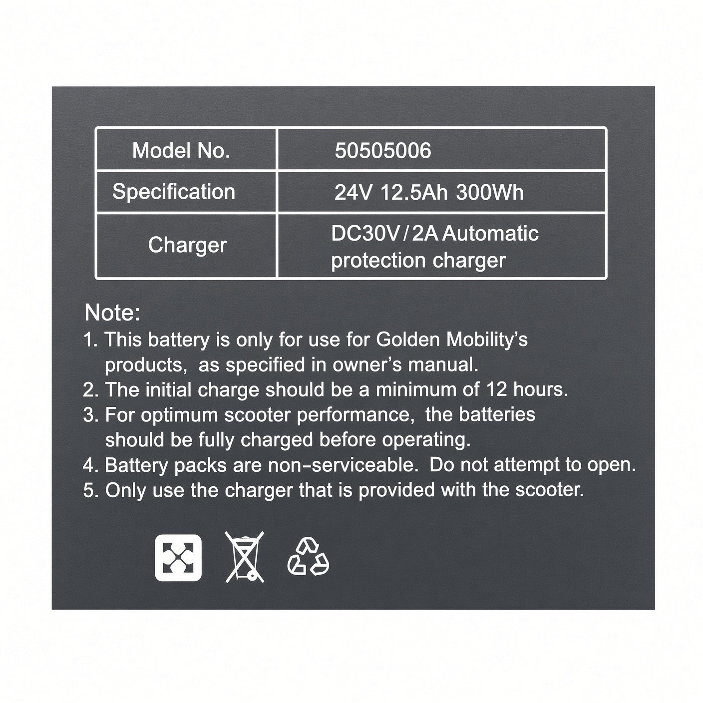MBE-BATT-125LITH data plate label on the Golden 12.5 Ah lithium travel battery for the Buzzaround CarryOn GB120