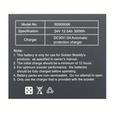 MBE-BATT-125LITH data plate label on the Golden 12.5 Ah lithium travel battery for the Buzzaround CarryOn GB120
