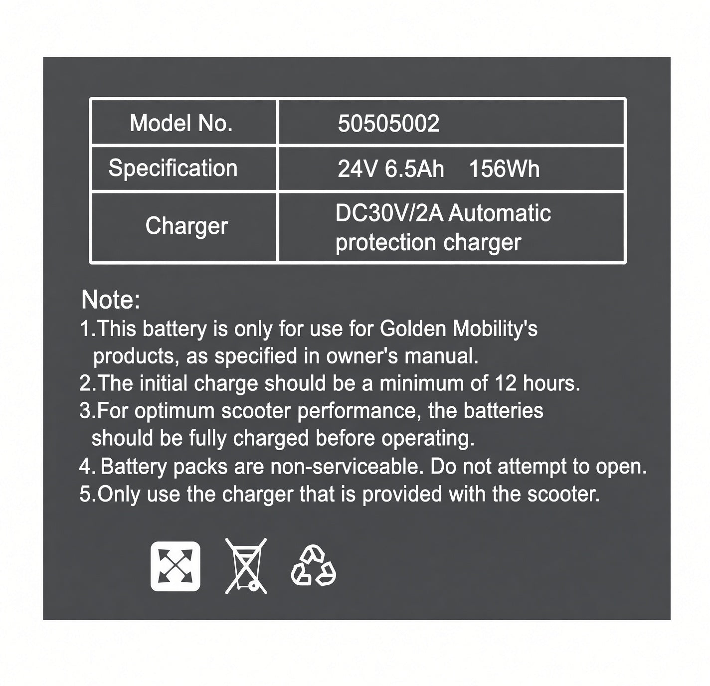 MBE-BATT-65LITH data plate label on the Golden 6.5 Ah lithium travel battery for the Buzzaround CarryOn GB120