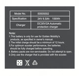 MBE-BATT-65LITH data plate label on the Golden 6.5 Ah lithium travel battery for the Buzzaround CarryOn GB120