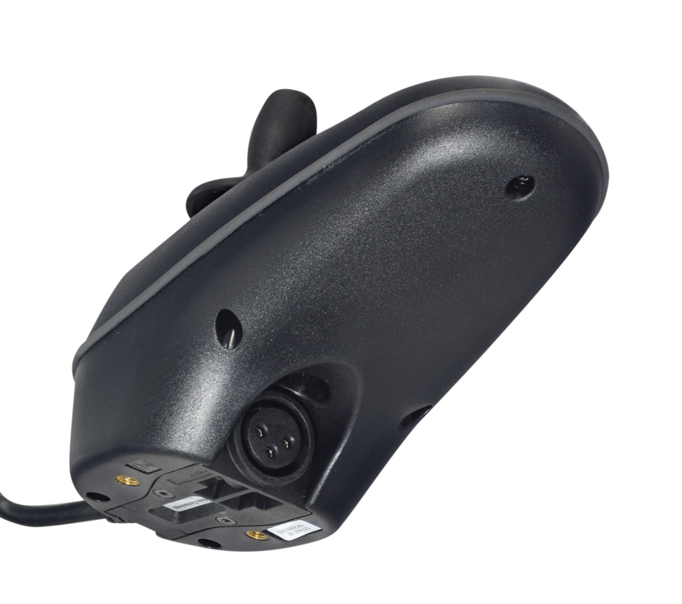 Merits 64220011 VR2 joystick controller, underside view showing the charger port and mounting bracket.