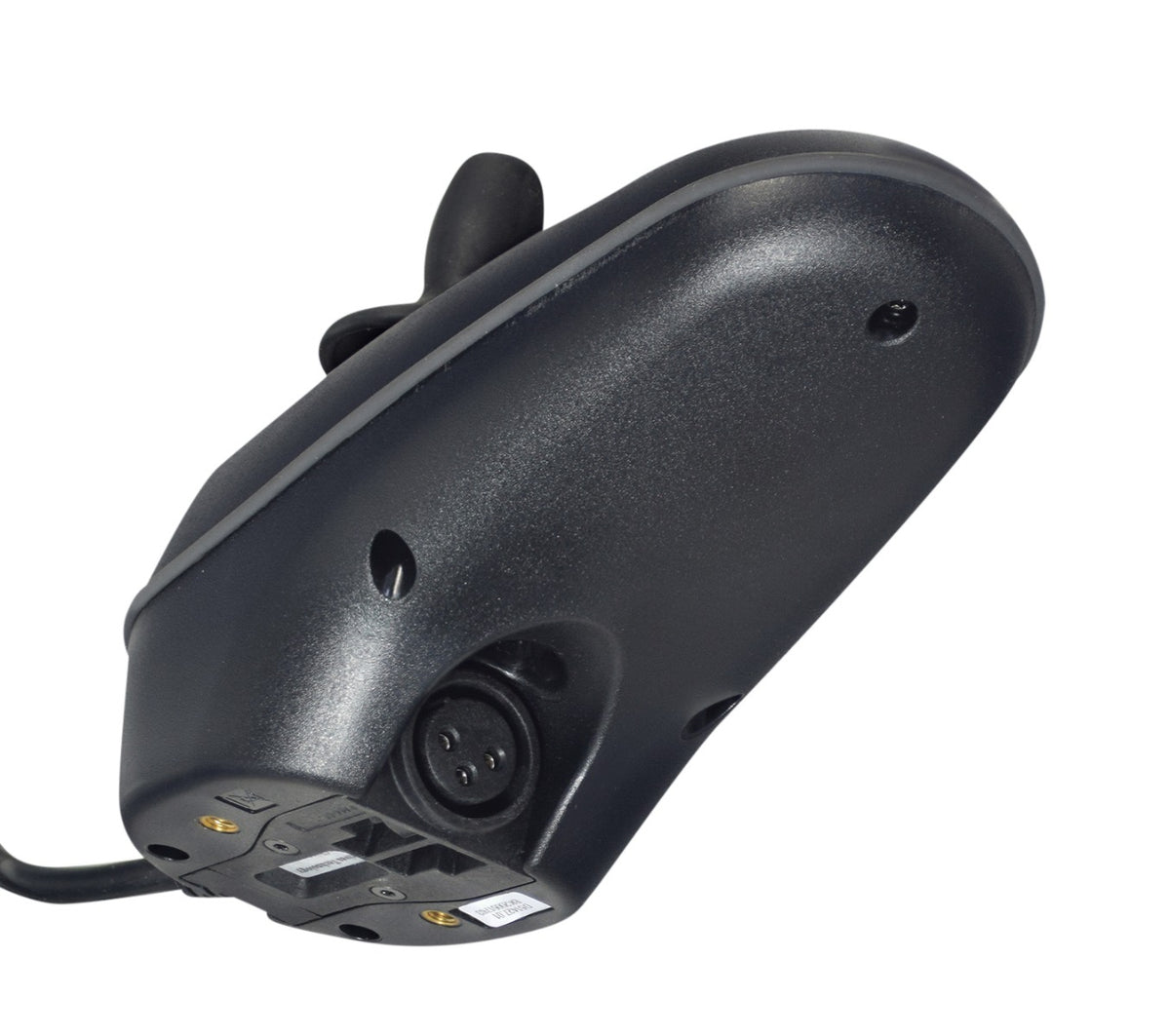 Merits 64220011 VR2 joystick controller, underside view showing the charger port and mounting bracket.