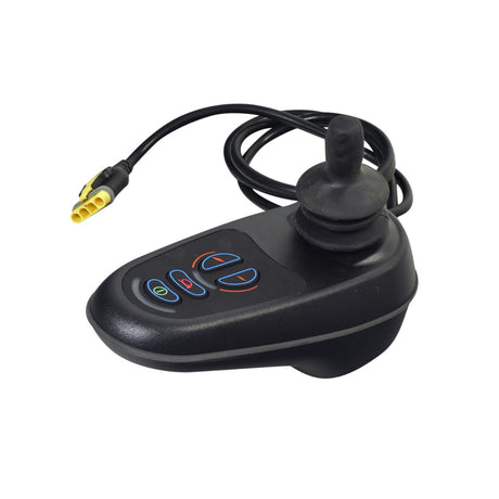 Merits 64220011 VR2 joystick controller for Atlantis, Gemini and Junior power chairs, angled front view of the 4-button panel and joystick with cable and yellow 4-pin connector.