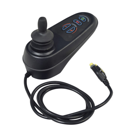 Merits 64220011 VR2 joystick controller, top view showing the power, horn and speed buttons, with coiled cable and yellow connector.