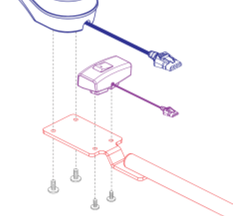 Exploded diagram of the Jazzy Air light switch assembly ELE160094 mounting under the joystick controller to the armrest bracket with four screws, showing the switch wiring harness connector.
