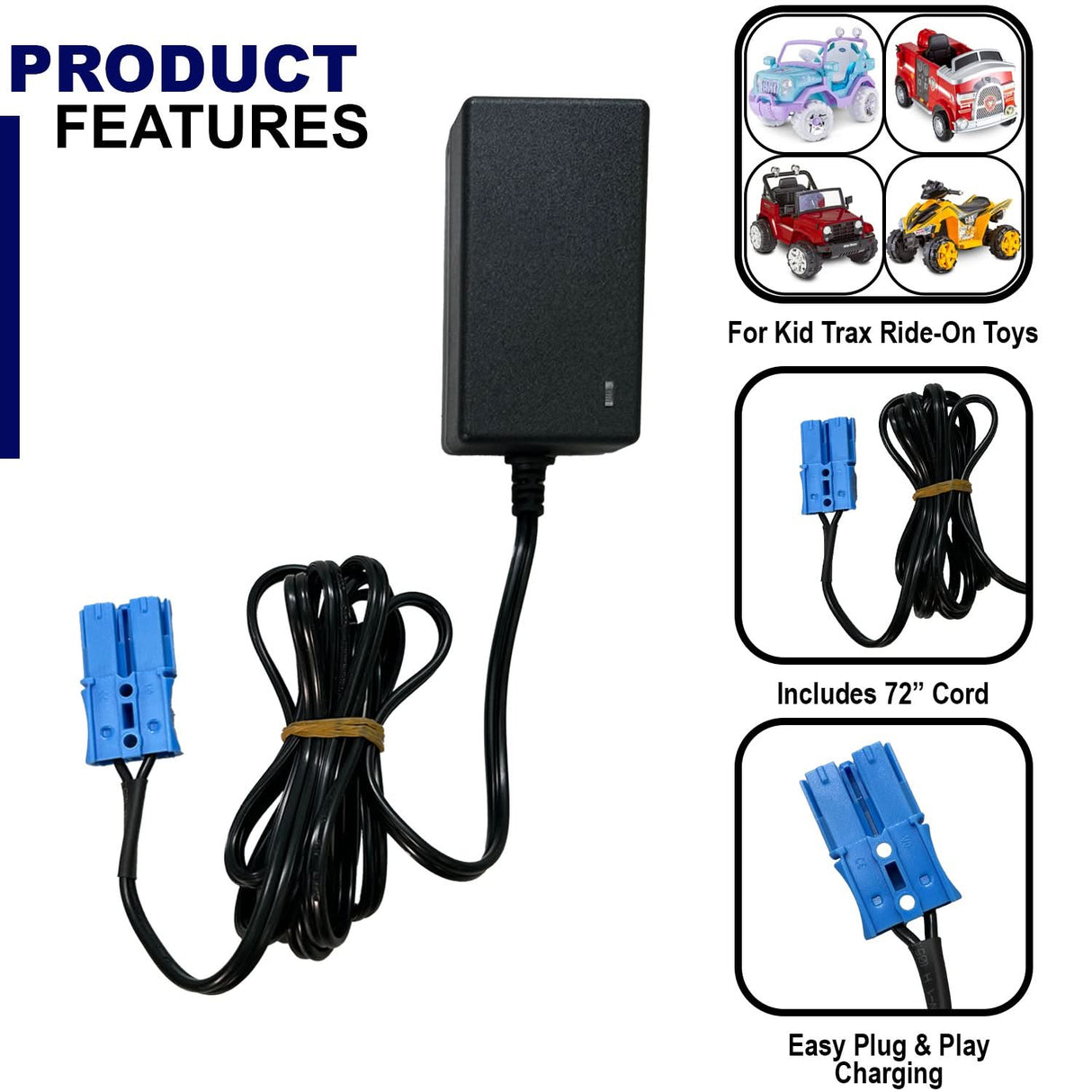12 Volt 1.0 Amp Battery Charger with 1" Blue Grid Connector for Kid Trax 12V Ride-On Toys