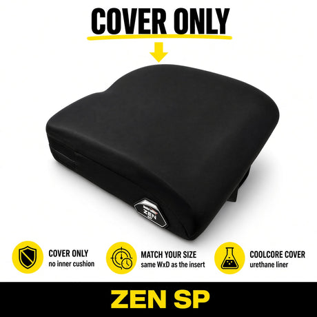 Black Zen SP cover for power chair seat or Quantum, shown on a white background with yellow and black text overlays detailing product features.