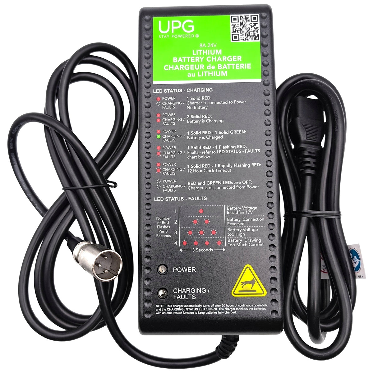 ELE2300934 - 24 Volt 8 Amp Lithium-Ion Battery Charger with 3-Pin XLR Connector for the Pride Pursuit 2 (S7132) - UPG 24BC8000L-1