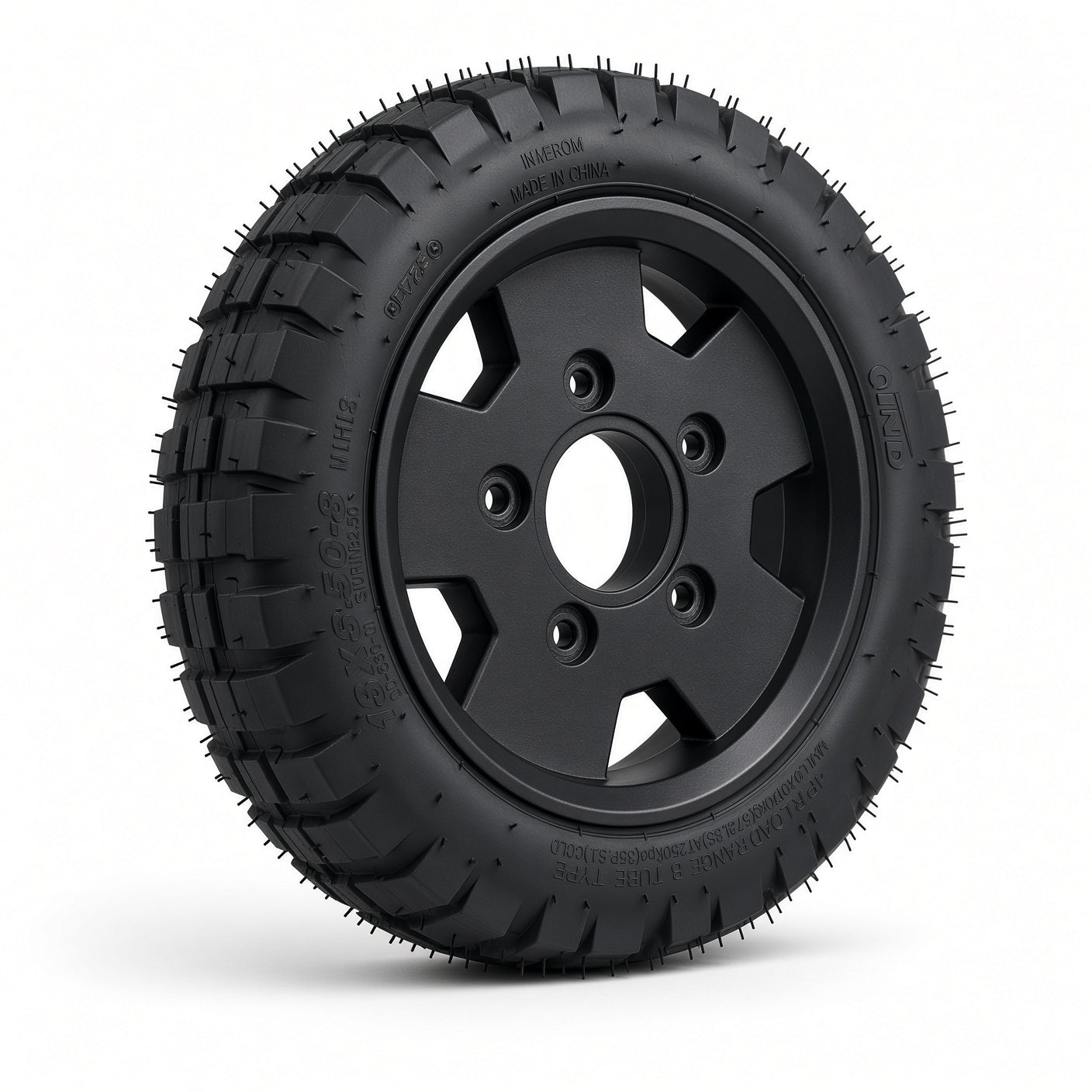 Pride Pursuit 2 wheel assembly WHL2206297 — 13x3.50-8 pneumatic tire mounted on a black 5-spoke split rim, angled view