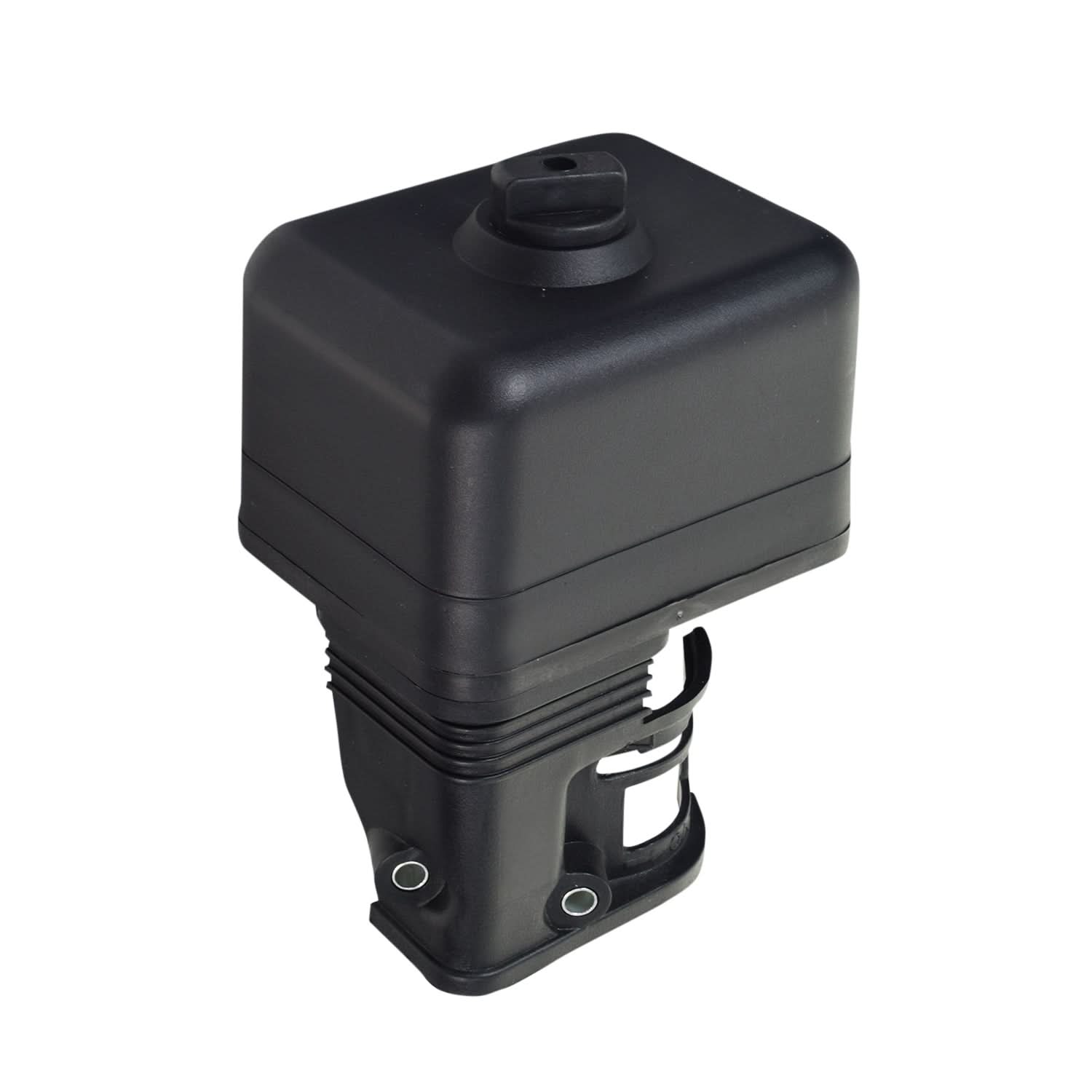 Air Filter Assembly for the Realtree RTK200 Go-Kart, featuring a black plastic casing with a button and ventilation holes, designed to protect the engine from dust and debris.