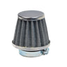 Close-up of a 39 mm air filter for PZ26, & PZ27 110cc & 125cc carburetor ATVs, dirt bikes, go-karts, & scooters, featuring a metal mesh and hose clamp.