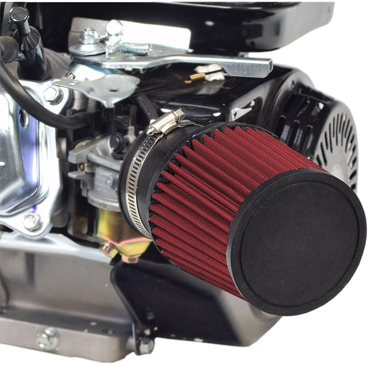High Performance Air Filter Intake Kit for the Realtree RT200 212cc Mini Bike, featuring a close-up of the red air filter and metal parts, ensuring optimal engine performance on track or trail.