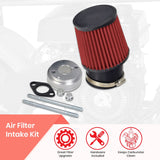 High Performance Air Filter Kit for the Coleman CC100X & CT100U Mini Bikes, showcasing a close-up of the red filter, gasket with holes, metal rods, and mounting hardware for easy engine upgrade.