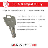 Key for the ActiveCare & Drive Medical Spitfire EX 1320 / 1420 with Headlight, featuring close-up details of engraved text and numbers on a metallic surface.