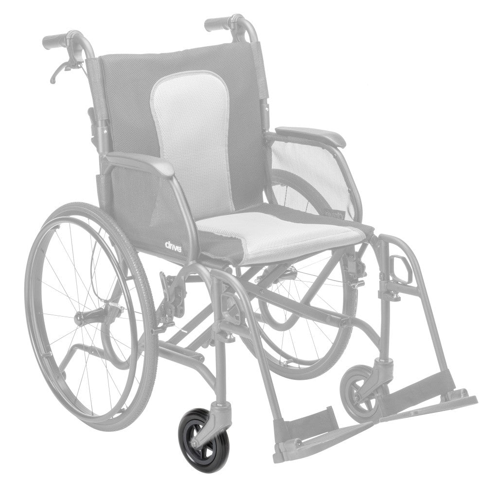 AEROFLY-19 front caster wheel shown in color on the Drive Medical AeroFly Ultra-Lite Wheelchair, rest of the wheelchair greyed out