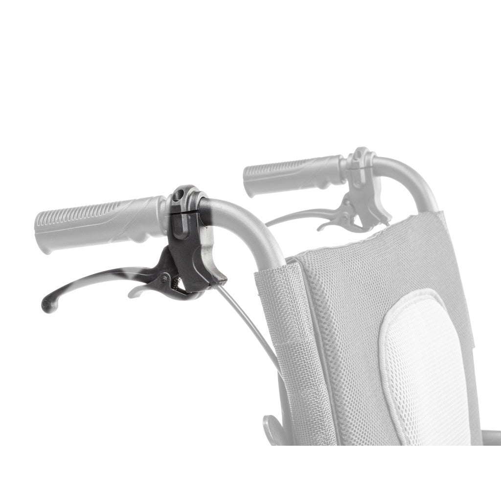 AEROFLY-23 attendant hand brake assembly shown in color on the Drive Medical AeroFly Ultra-Lite Wheelchair, rest of the wheelchair greyed out