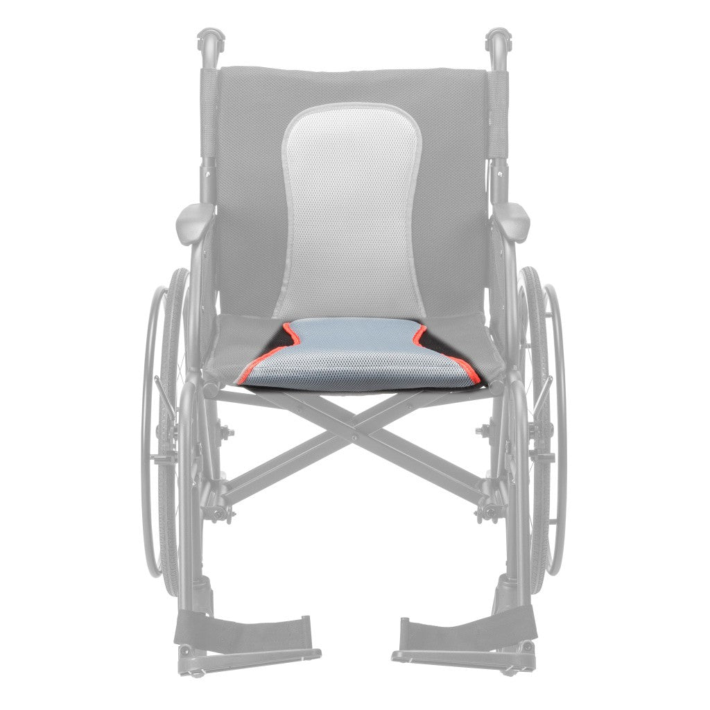 AeroFly seat cushion (orange trim shown) in color on the Drive Medical AeroFly Ultra-Lite Wheelchair, rest of the wheelchair greyed out