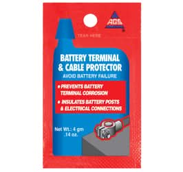 Battery Terminal and Cable Protector for Mobility Scooters - Single-Use 4g Pouch, shown in a red and blue package, with a close-up of a battery terminal application.