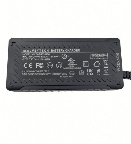 36 Volt battery charger label, model XSL065-4320150, input 100-240VAC, output 43.2V 1.5A 64.8W