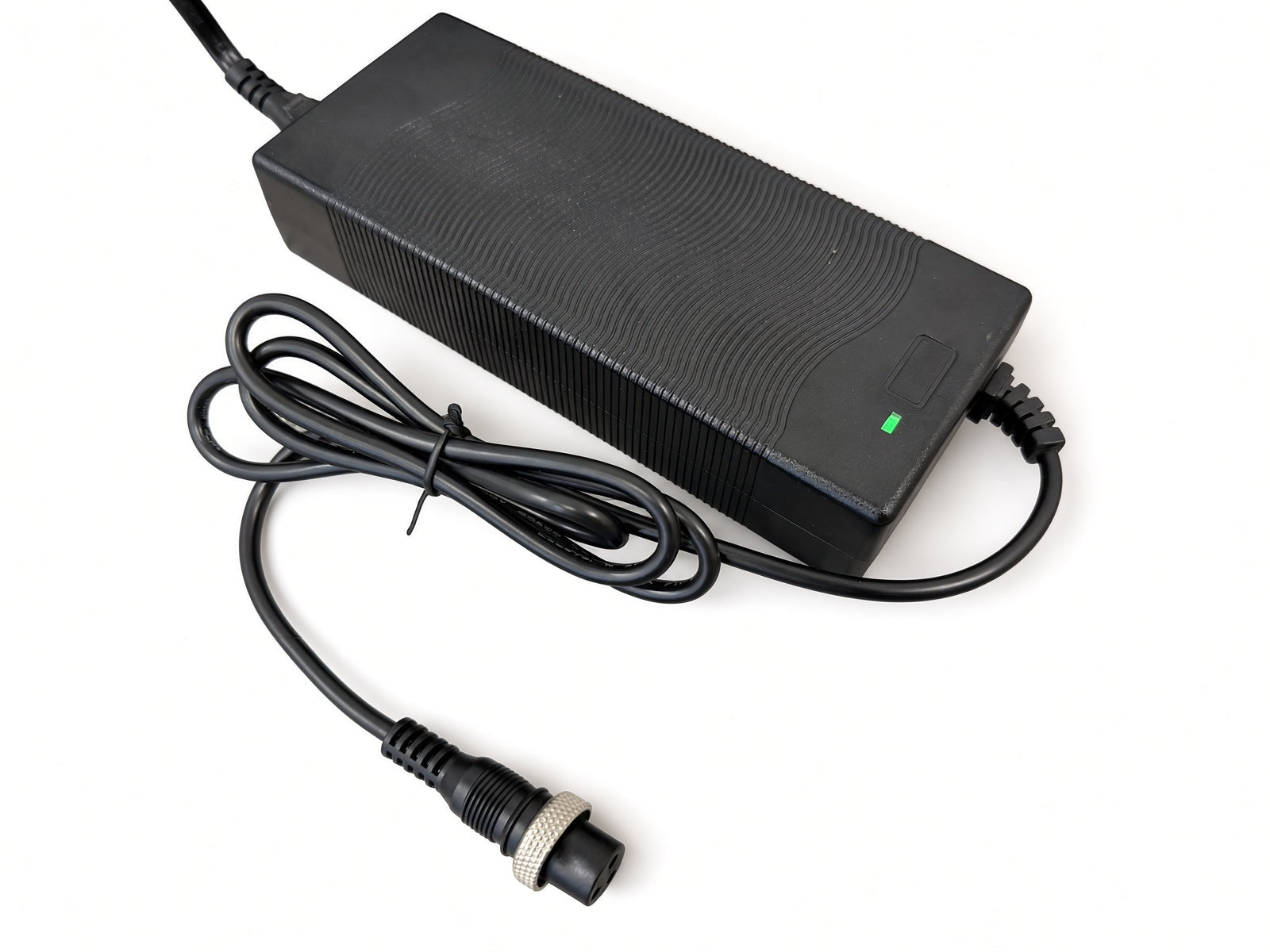 AlveyTech 48 volt 3-prong lithium-ion battery charger showing the green charge status LED, Q50-5861