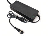 AlveyTech 48 volt 3-prong lithium-ion battery charger showing the green charge status LED, Q50-5861