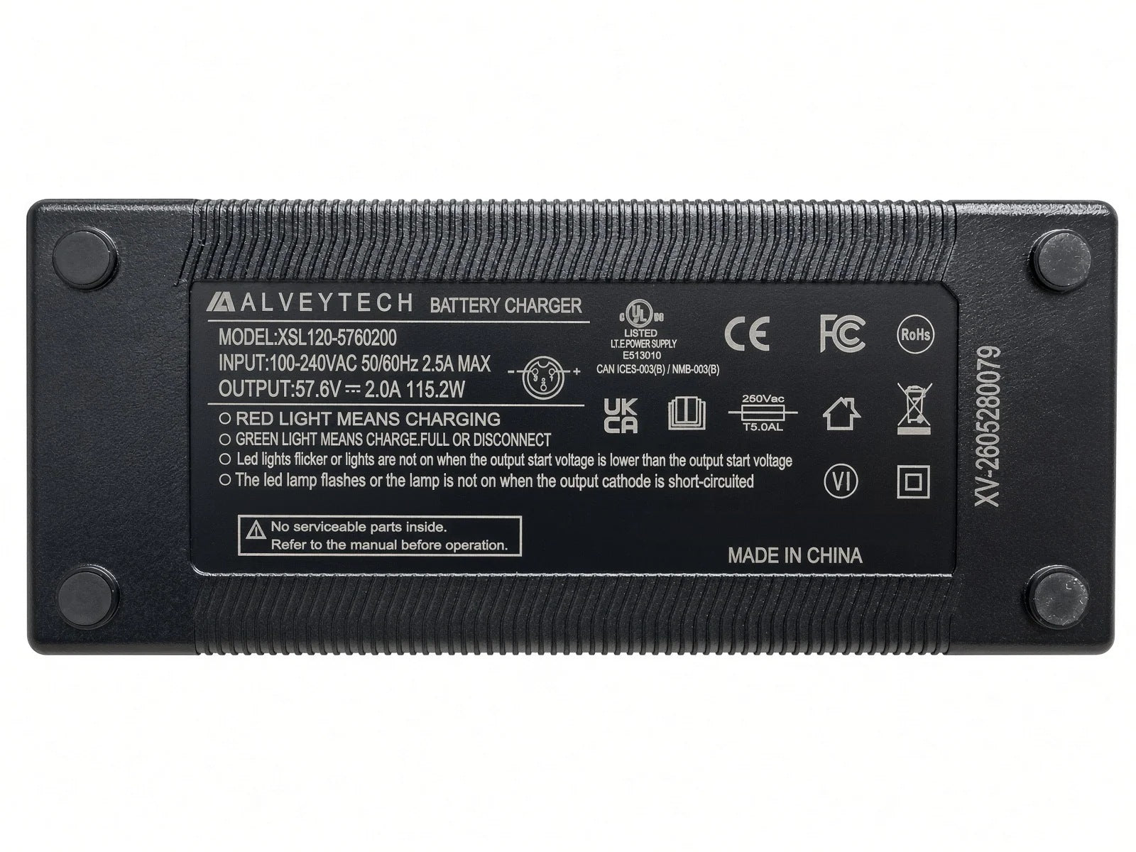 Label on the AlveyTech XSL120-5760200 48 volt AGM charger: 57.6V 2.0A output, 100-240VAC input, Q50-5861