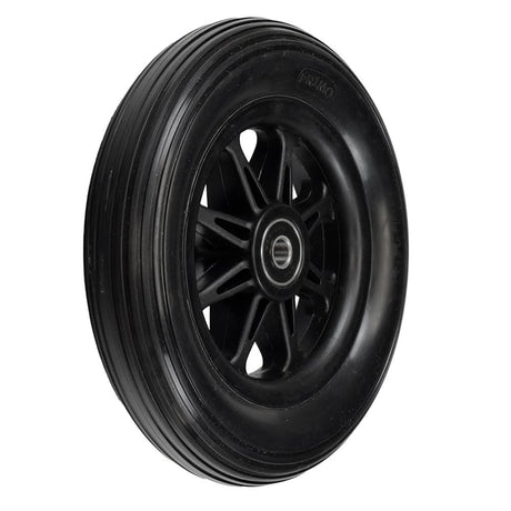 Anti-Tip Wheel Assembly for the Jazzy Select HD, featuring a black wheel with a black rim and bearings installed, designed to provide added stability and security for the power chair operator.