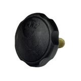 Armrest Adjustment Knob for Shoprider Scooters: A black, round knob with a gold screw, used for adjusting armrest height, width, or retaining a seat belt on various Shoprider scooter models.