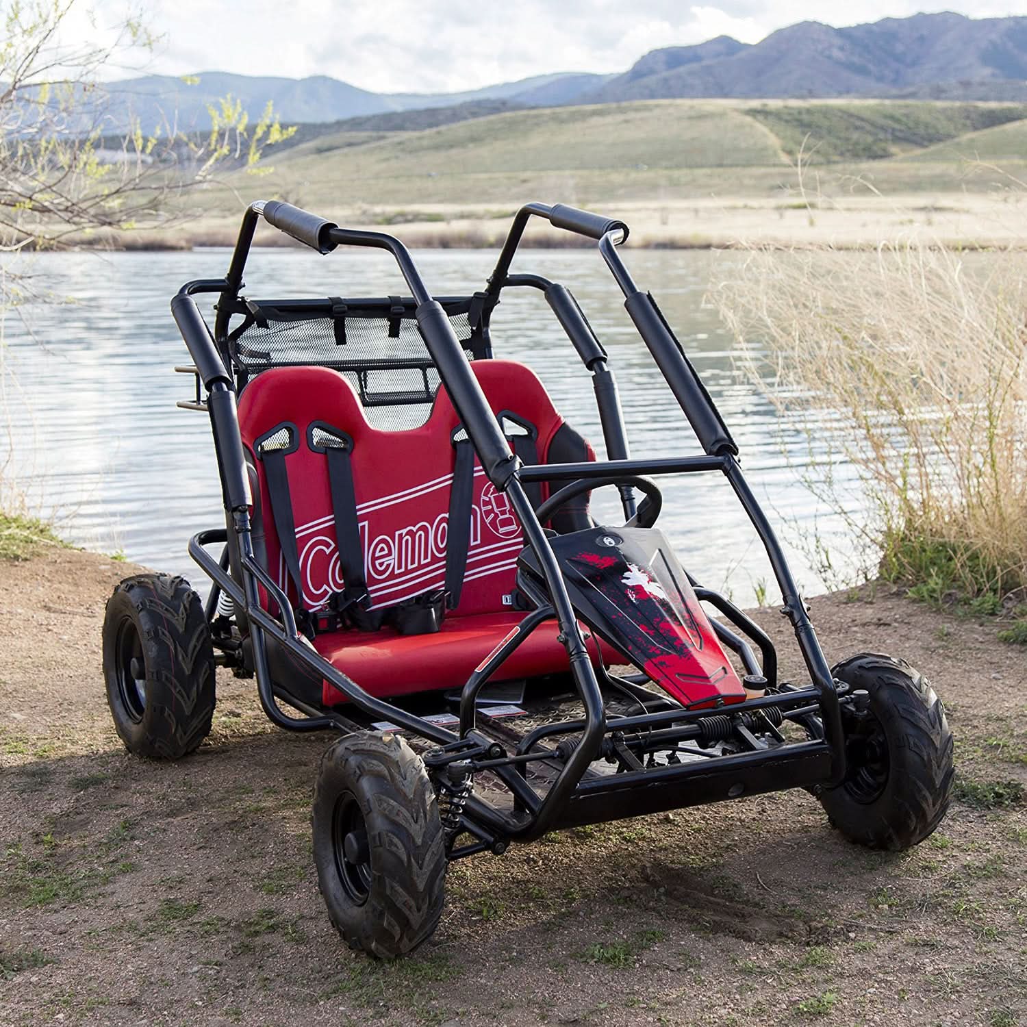 Carburetor with 24 mm Air Intake for Predator 212cc 6.5 Hp & 224cc 6.6cc Engines, shown on a go-kart parked by a lake, highlighting its high-performance features and manual choke.