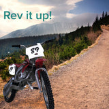 36 Volt Battery for Minimoto ATV, Go Kart, Jeep Dune Buggy, Maxii, & Motocross XRF500 displayed on a dirt road, showcasing its robust design and included wires and harness.
