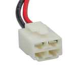Close-up of a 4-Pin, 2-Wire Battery Wiring Harness for Razor Scooters, showing the black and red wires and plug connector for connecting two 12-volt batteries in series.