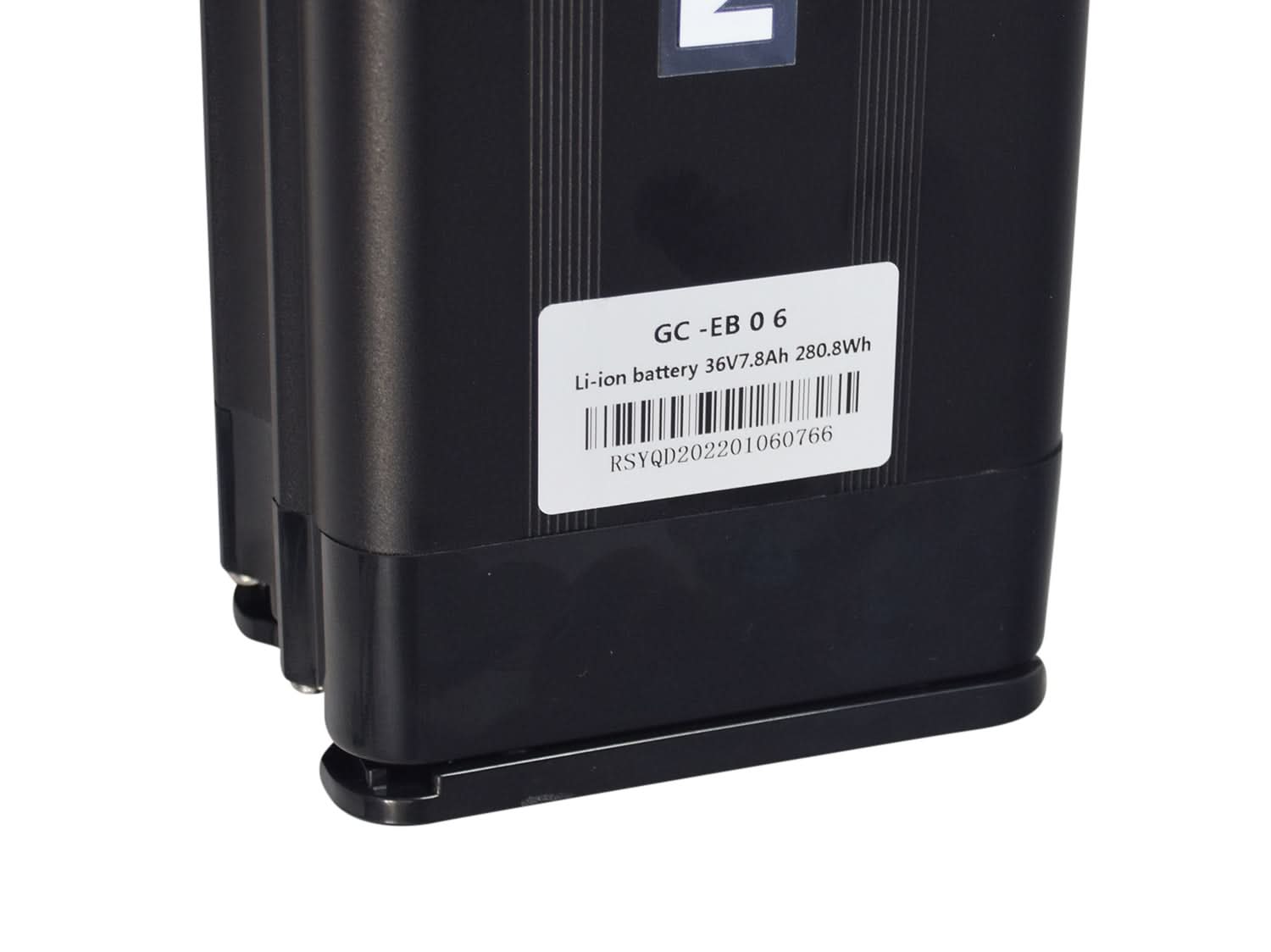36 Volt Lithium Battery Pack with Mount for the Swagtron EB6 Bandit Fat Tire Electric Bike, showing a black rectangular battery with a white label, barcode, and secure mounting features.