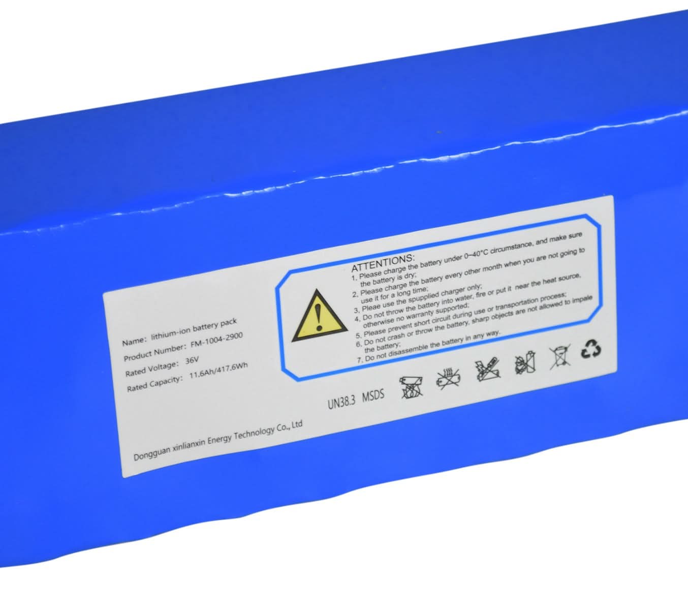 36 Volt 11.6 Ah Lithium Battery Pack for the Hiboy® S2 Pro Electric Scooter, featuring a blue rectangular box with a white label and a yellow warning triangle with a black exclamation mark.