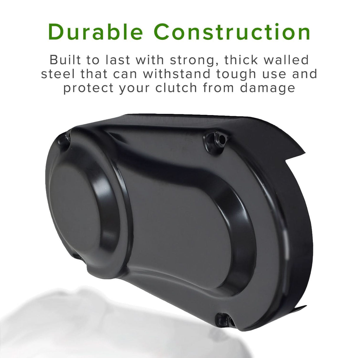 Steel Clutch Cover for the Baja Mini Bike (MB200) (Blemished) - close-up of a thick walled black metal cover with minor scratches, showing the robust design and text.