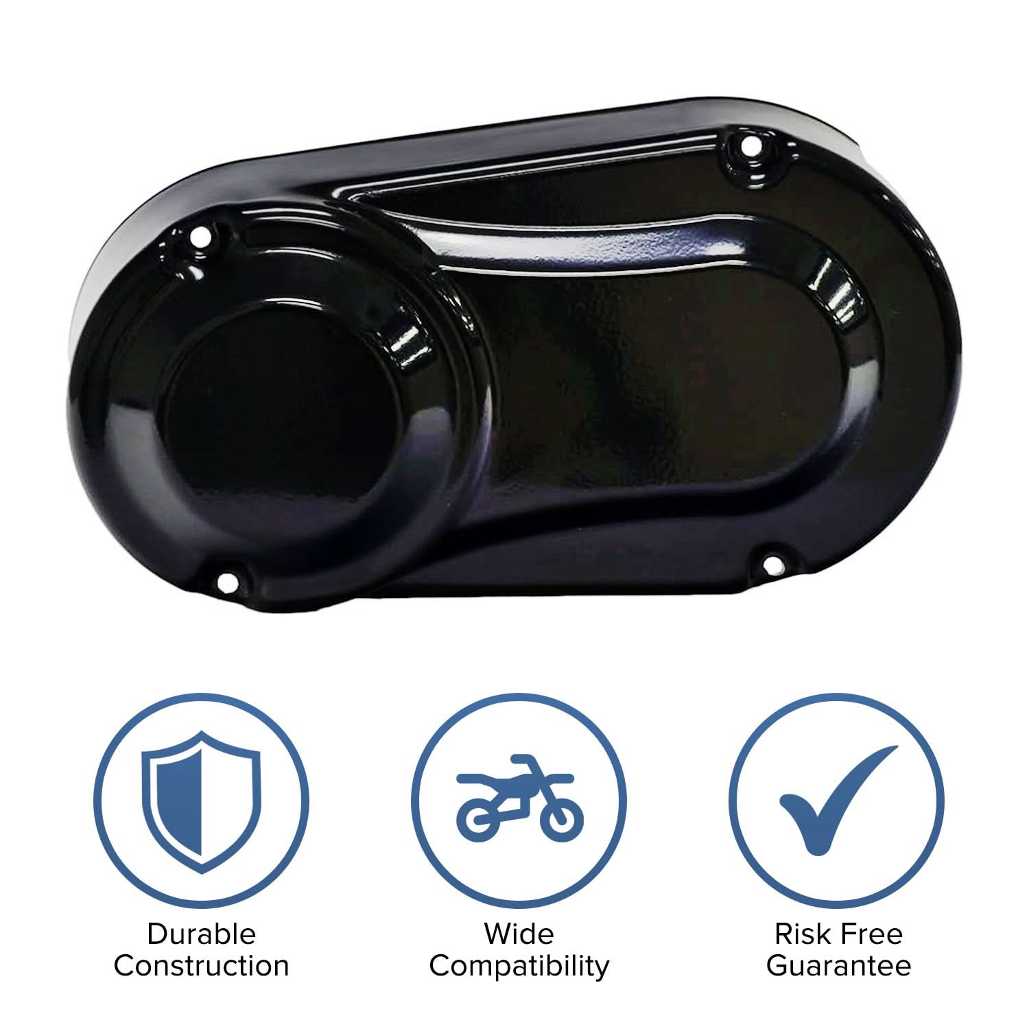 Steel Clutch Cover for the Baja Mini Bike (MB200) (Blemished) with visible minor scratches and scrapes, featuring a durable black metal build and blue text indicating brand and model compatibility.