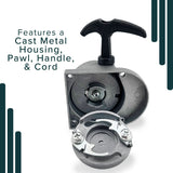 Recoil Pull Start for 48cc - 80cc 2-Stroke Bicycle Engine Kits; metal device with black handle, visible screws, and sturdy cast metal housing for reliable engine cranking.