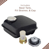 Fuel Tank for the Coleman BT200X, CT200U Trail, & CT200U-EX Mini Bikes, featuring a black steel tank, metal cap, and fill strainer, shown in a close-up view.