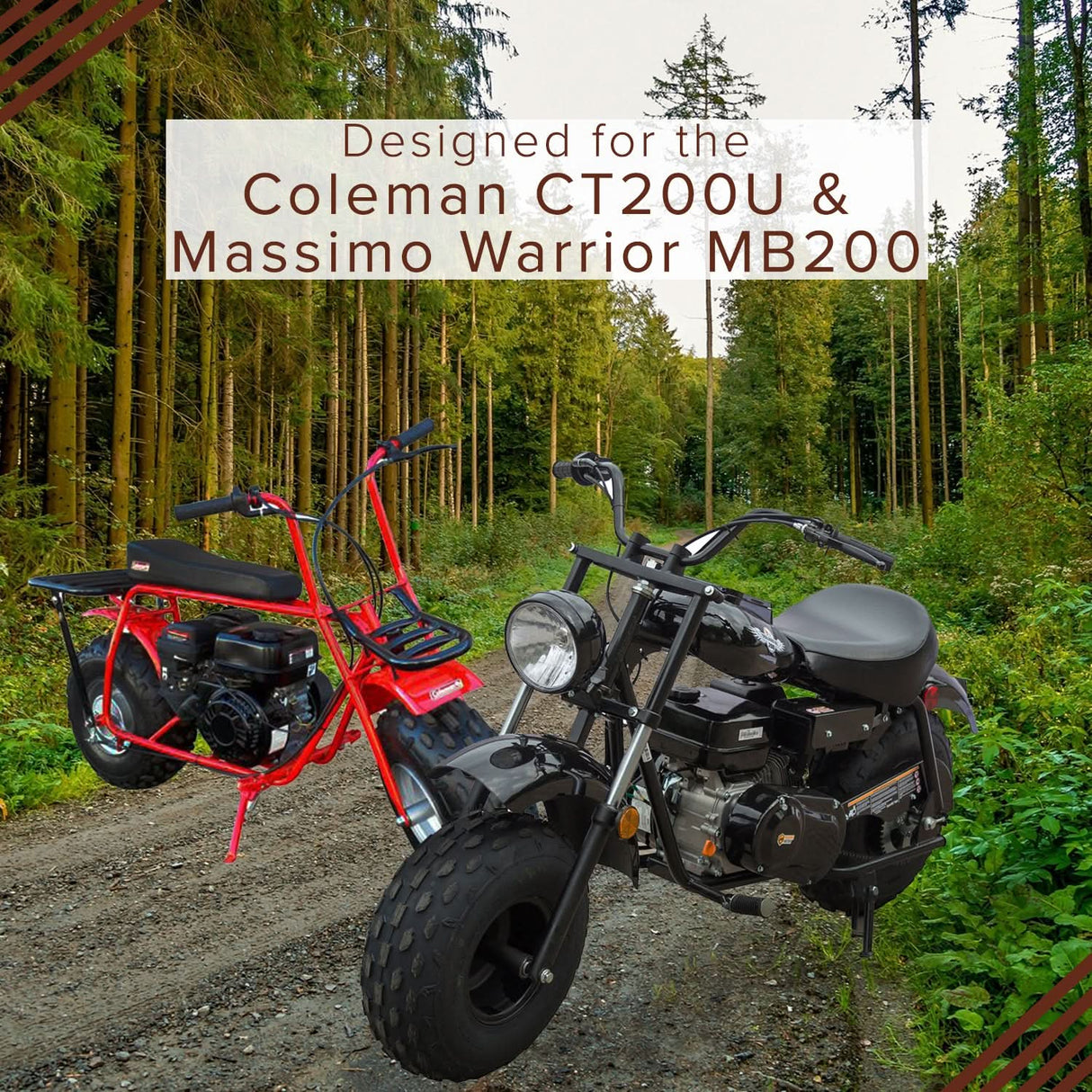 Fuel Tank for the Coleman BT200X, CT200U Trail, & CT200U-EX Mini Bikes (Blemished), shown mounted on one of the two parked motorcycles on a dirt road.