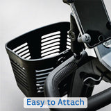 Front Basket without Hardware for Go-Go Scooters (Blemished): Black plastic basket with minor scratches, mounted on the front of a scooter, designed for Go-Go travel scooters.