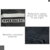 Close-up of the AlveyTech Universal Cane Holder for Mobility Scooters & Power Chairs, showcasing its ripstop fabric pouch and adjustable nylon strap for secure attachment to a chair's backrest.