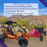 16x6-8 Rear Tire with V-Tread for Hammerhead & TrailMaster Go-Karts parked on a road, highlighting its all-terrain performance with a close-up view of the tread pattern and wheel.