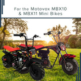 Rear Axle Bolt for the Monster Moto / Mega Moto Classic 80cc, Classic 105cc, & Classic 1000w mini bikes, shown near two small motorcycles parked on a grassy field.