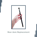 Hand holding a black tube, identified as the Rear Axle Bolt for the Monster Moto / Mega Moto Classic 80cc (MM-B80), Classic 105cc (MM-B105), & Classic 1000w (MM-E1000) mini bikes.