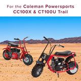 Plastic Clutch Cover for Coleman CC100X & CT100U Mini Bikes shown mounted on a mini bike in a desert setting, highlighting its function in protecting the clutch from dirt and debris.