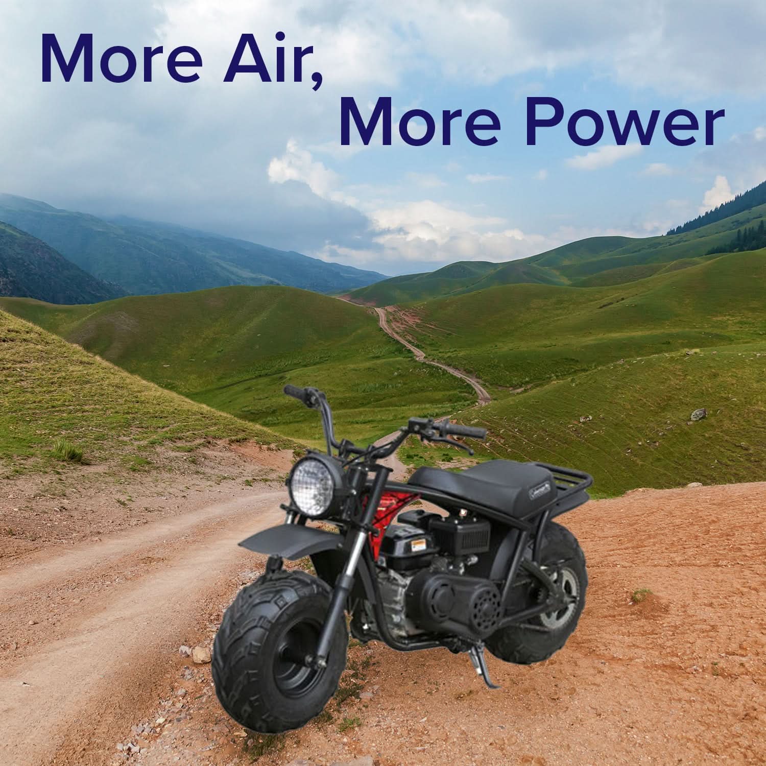 High Performance Air Filter Intake Kit for the Coleman RB200 212cc Mini Bike displayed on a black motorcycle parked on a dirt road, featuring a large filter and various mounting components.
