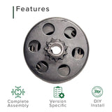 Clutch Assembly with 11 Tooth 5/8 Shaft for Motovox MBX10 and MBX11 Mini Bikes. A black circular object with holes and an 11-tooth front sprocket, used to transfer engine power.