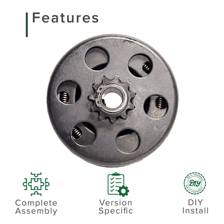 Clutch Assembly with 11 Tooth 5/8 Shaft for Motovox MBX10 and MBX11 Mini Bikes. A black circular object with holes and an 11-tooth front sprocket, used to transfer engine power.