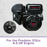 Clutch Assembly with 3/4 Shaft for the Predator 212cc 6.5 HP Engine, featuring a close-up of the black engine and black wheel components, including a 420 chain sprocket with 10 teeth.